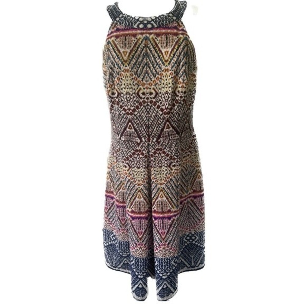 London Times Women's Bohemian Mosaic Geometric Pleated High Neck Shift Dress 10
